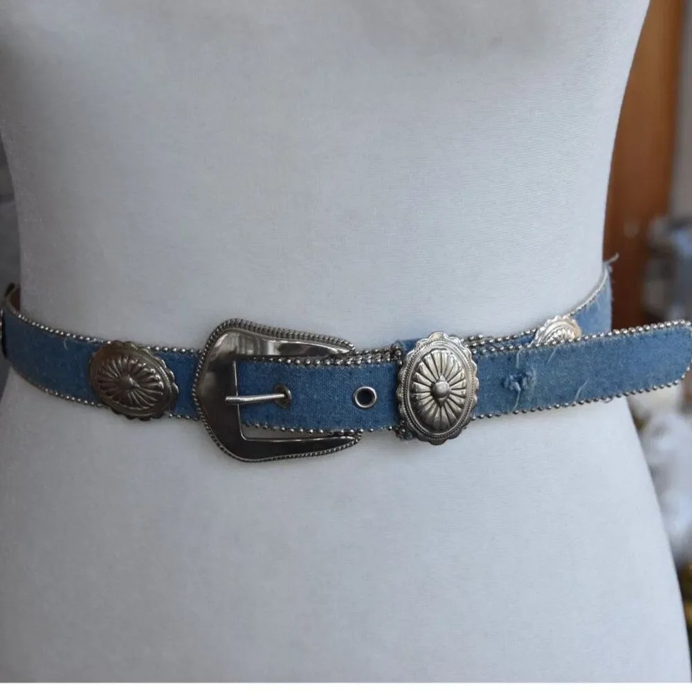 Vintage Y2K Denim Concho Belt Western Silver Studded XS S